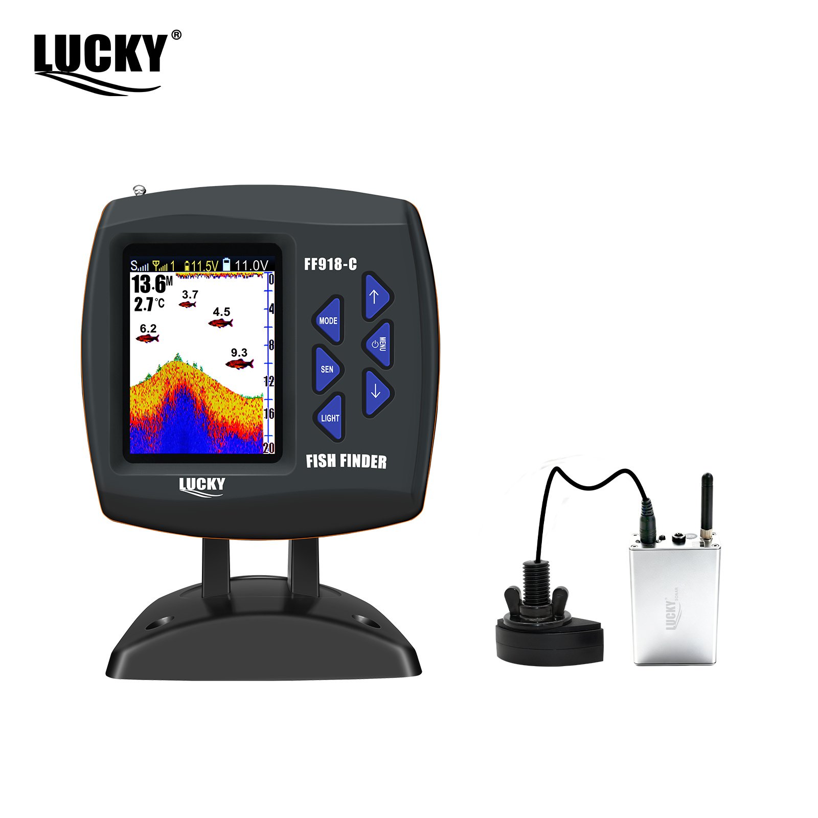 Fish Finder Portable - ラッキーFF918ワイヤレスリモコンボート魚群探知機300m/980ft無線操作範囲エコーサウンダー